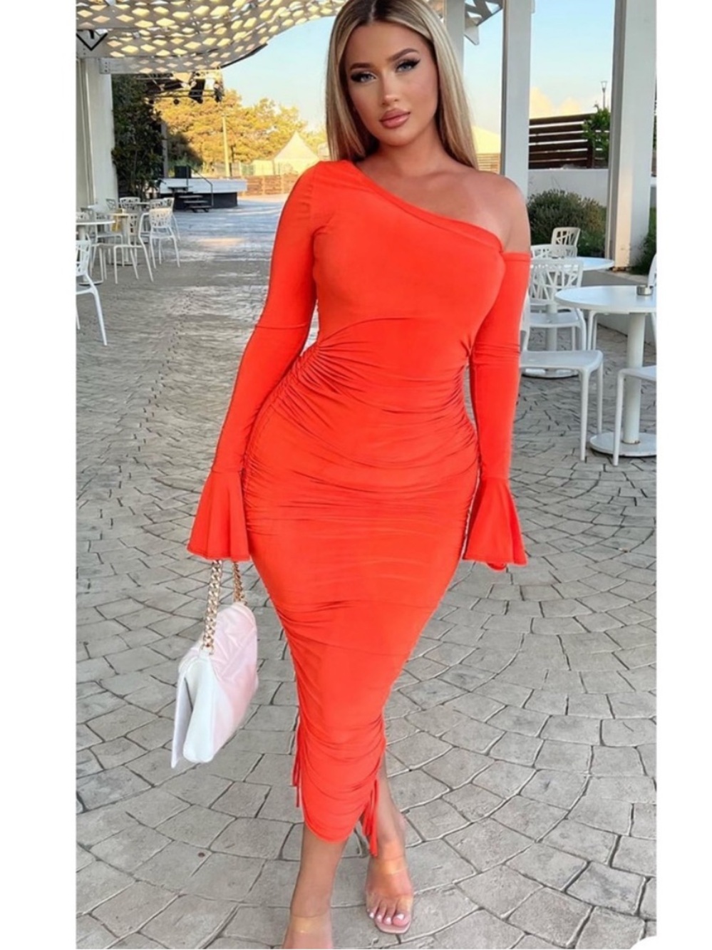 Fashion Nova One-Shoulder Ruched Bright Orange Midi Dress